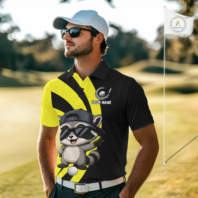 Funny Raccoon Golfer Polo, Custom Name Team Men Golf Shirt, Golf Top NHT1424