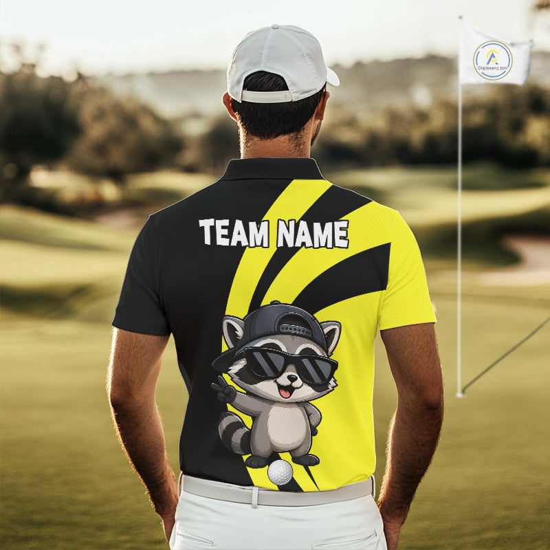 Funny Raccoon Golfer Polo, Custom Name Team Men Golf Shirt, Golf Top NHT1424