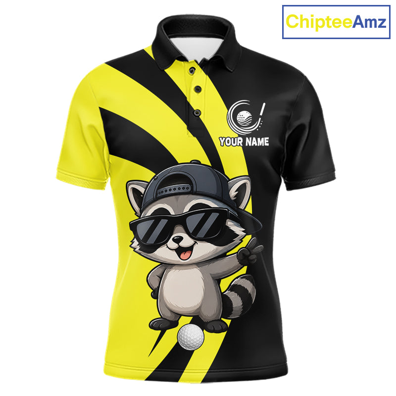 Funny Raccoon Golfer Polo, Custom Name Team Men Golf Shirt, Golf Top NHT1424