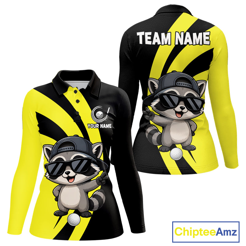 Funny Raccoon Golfer Polo, Custom Name Team Women Golf Shirt, Golf Top NHT1424