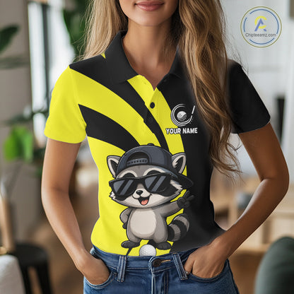 Funny Raccoon Golfer Polo, Custom Name Team Women Golf Shirt, Golf Top NHT1424