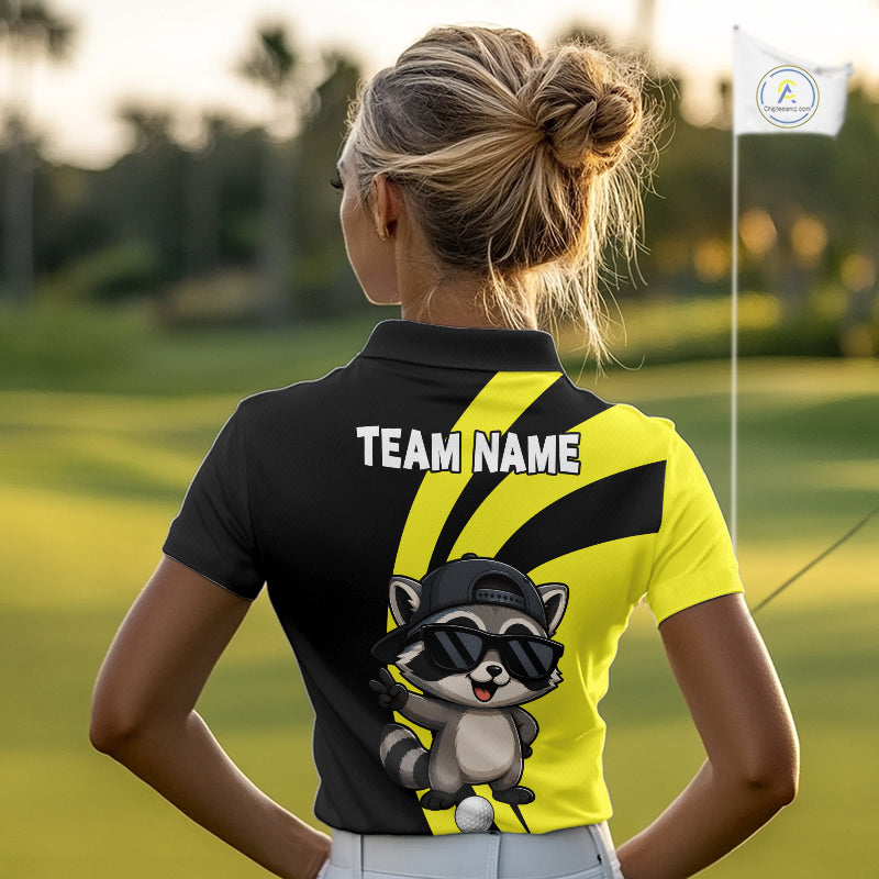 Funny Raccoon Golfer Polo, Custom Name Team Women Golf Shirt, Golf Top NHT1424