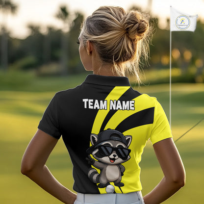 Funny Raccoon Golfer Polo, Custom Name Team Women Golf Shirt, Golf Top NHT1424