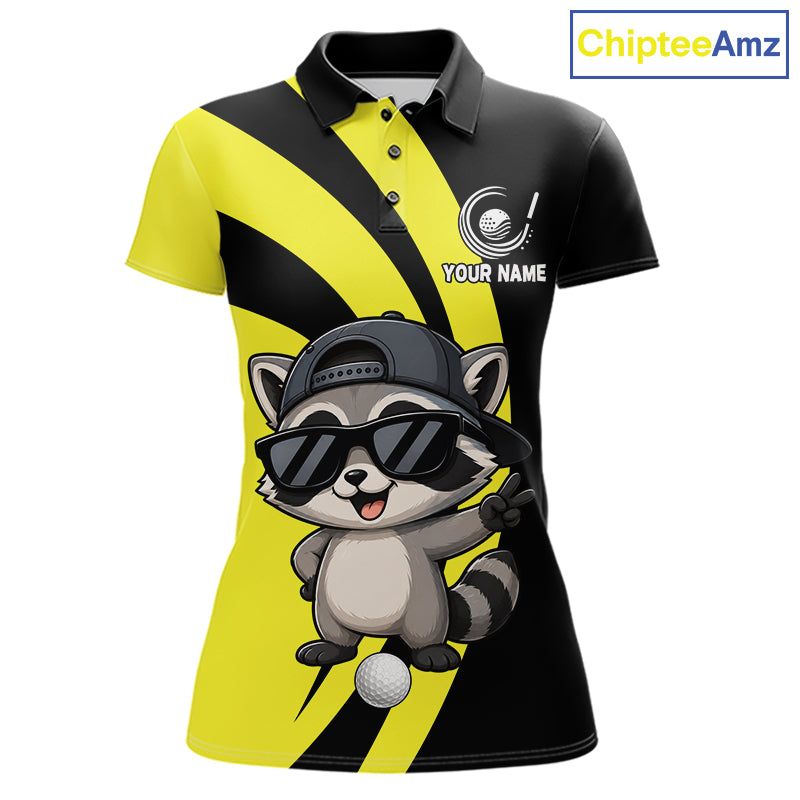 Funny Raccoon Golfer Polo, Custom Name Team Women Golf Shirt, Golf Top NHT1424