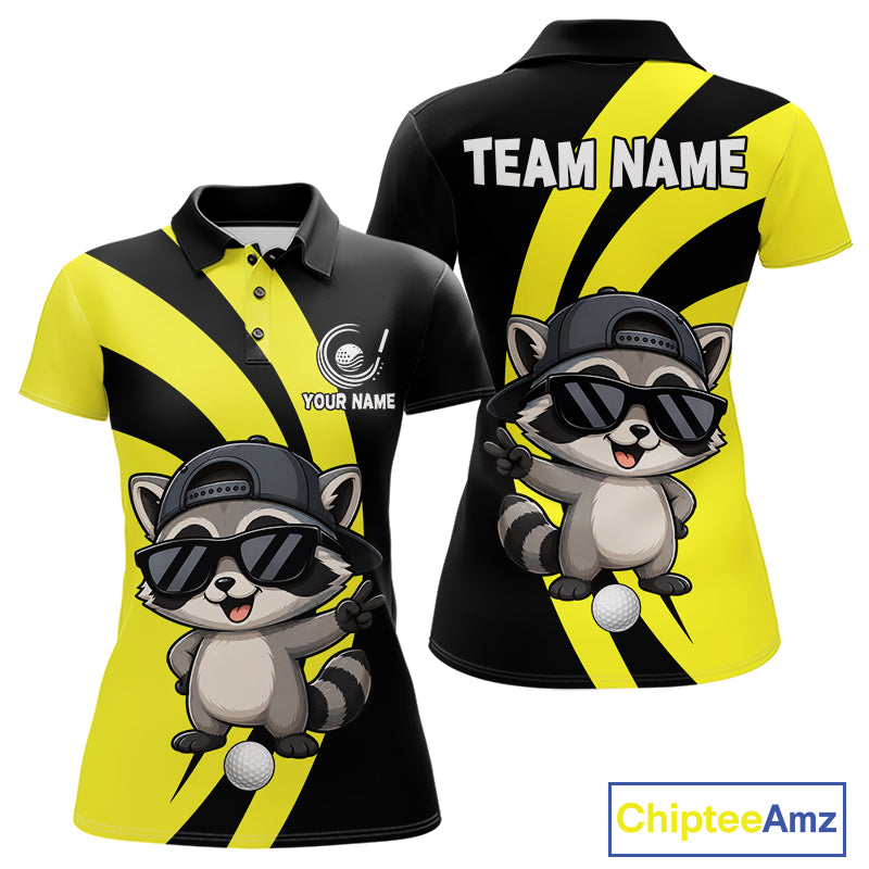 Funny Raccoon Golfer Polo, Custom Name Team Women Golf Shirt, Golf Top NHT1424