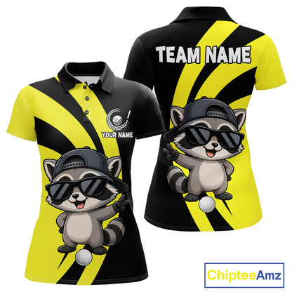 Funny Raccoon Golfer Polo, Custom Name Team Women Golf Shirt, Golf Top NHT1424