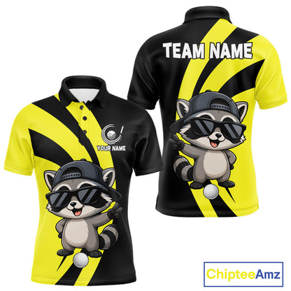 Funny Raccoon Golfer Polo, Custom Name Team Men Golf Shirt, Golf Top NHT1424