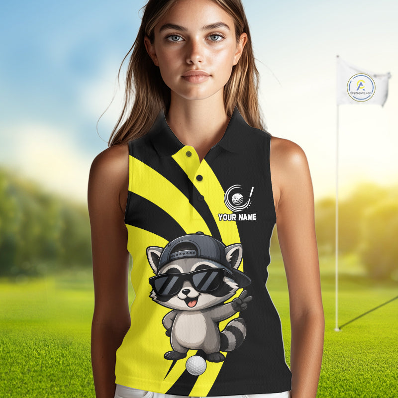Funny Raccoon Golfer Polo, Custom Name Team Women Sleeveless Golf Shirt, Golf Top NHT1424