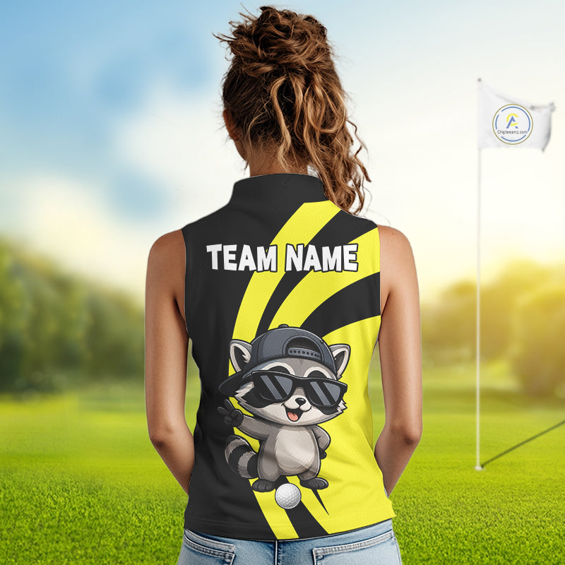 Funny Raccoon Golfer Polo, Custom Name Team Women Sleeveless Golf Shirt, Golf Top NHT1424