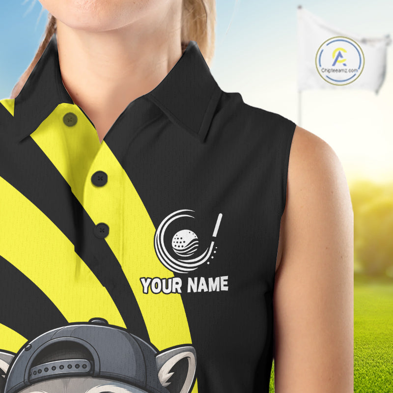 Funny Raccoon Golfer Polo, Custom Name Team Women Sleeveless Golf Shirt, Golf Top NHT1424