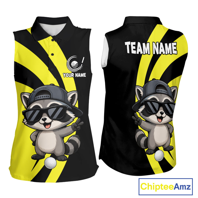 Funny Raccoon Golfer Polo, Custom Name Team Women Sleeveless Golf Shirt, Golf Top NHT1424