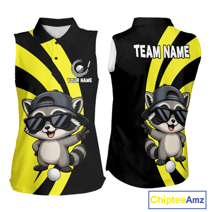 Funny Raccoon Golfer Polo, Custom Name Team Women Sleeveless Golf Shirt, Golf Top NHT1424