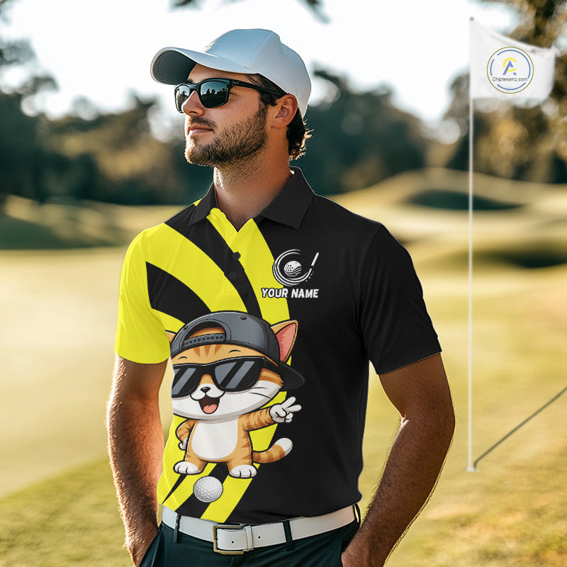 Funny Cat Golfer Polo, Custom Name Team Men Golf Shirt, Golf Top NHT1425