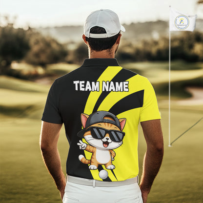 Funny Cat Golfer Polo, Custom Name Team Men Golf Shirt, Golf Top NHT1425
