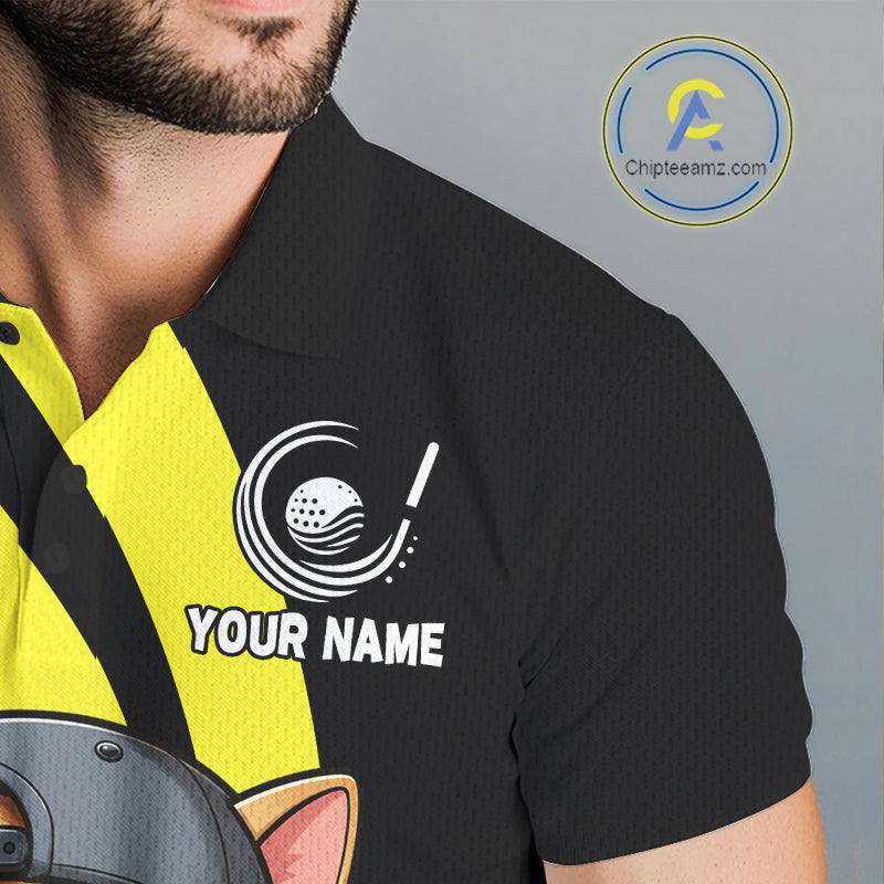 Funny Cat Golfer Polo, Custom Name Team Men Golf Shirt, Golf Top NHT1425