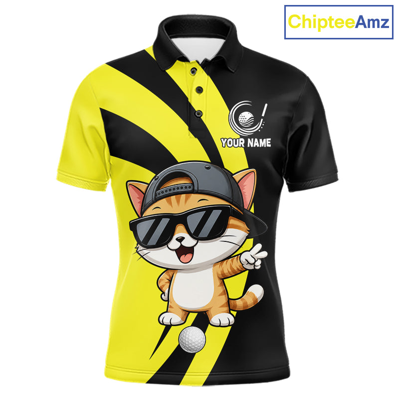 Funny Cat Golfer Polo, Custom Name Team Men Golf Shirt, Golf Top NHT1425