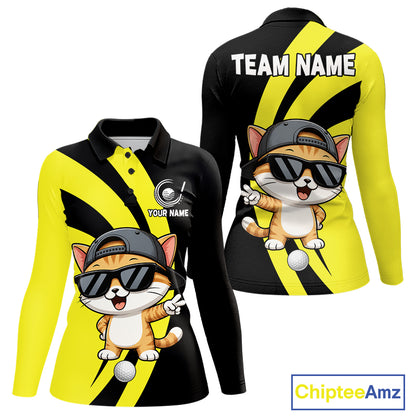 Funny Cat Golfer Polo, Custom Name Team Women Golf Shirt, Golf Top NHT1425