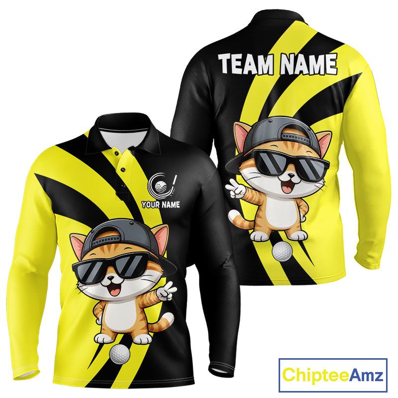 Funny Cat Golfer Polo, Custom Name Team Men Golf Shirt, Golf Top NHT1425