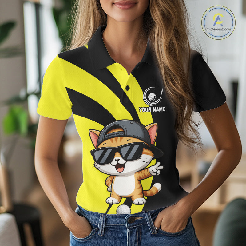 Funny Cat Golfer Polo, Custom Name Team Women Golf Shirt, Golf Top NHT1425