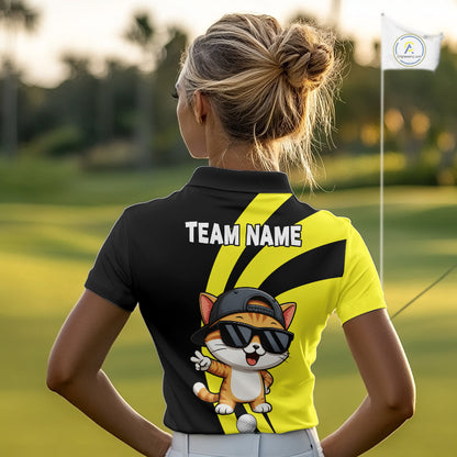 Funny Cat Golfer Polo, Custom Name Team Women Golf Shirt, Golf Top NHT1425