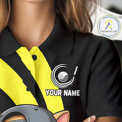 Funny Cat Golfer Polo, Custom Name Team Women Golf Shirt, Golf Top NHT1425