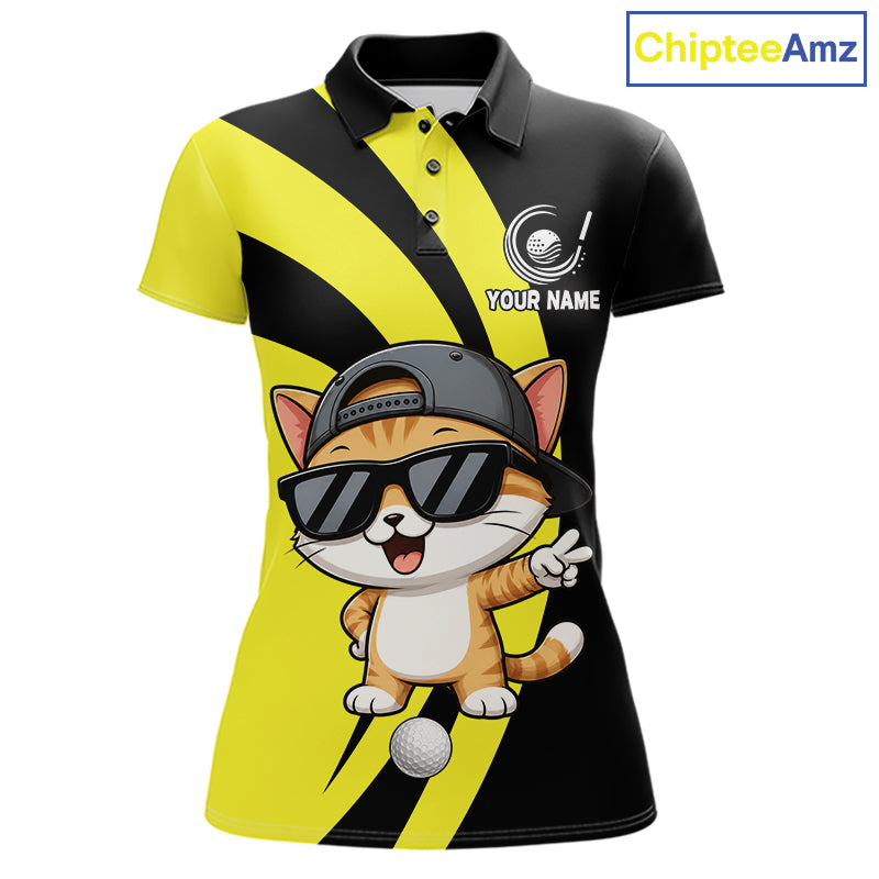 Funny Cat Golfer Polo, Custom Name Team Women Golf Shirt, Golf Top NHT1425