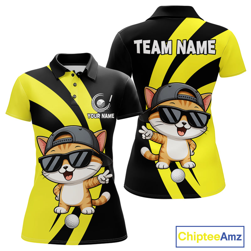 Funny Cat Golfer Polo, Custom Name Team Women Golf Shirt, Golf Top NHT1425