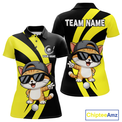 Funny Cat Golfer Polo, Custom Name Team Women Golf Shirt, Golf Top NHT1425