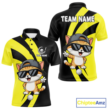 Funny Cat Golfer Polo, Custom Name Team Men Golf Shirt, Golf Top NHT1425