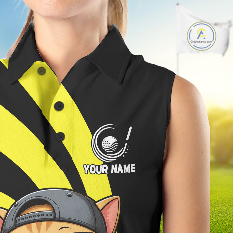 Funny Cat Golfer Polo, Custom Name Team Women Sleeveless Golf Shirt, Golf Top NHT1425