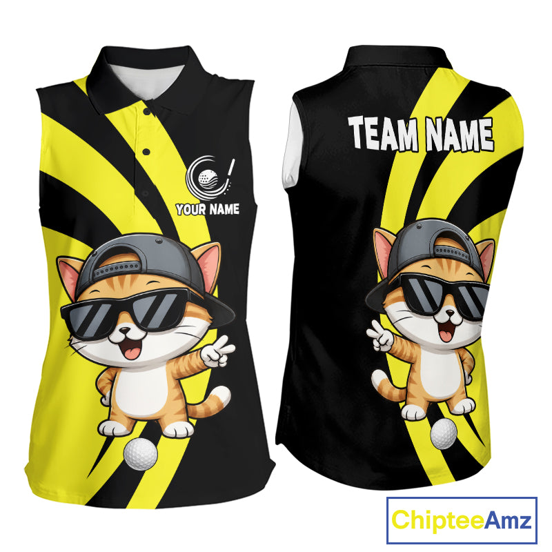 Funny Cat Golfer Polo, Custom Name Team Women Sleeveless Golf Shirt, Golf Top NHT1425