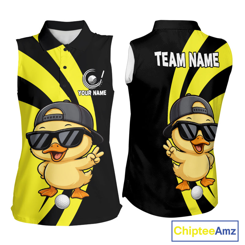 Funny Duck Golfer Polo, Custom Name Team Women Sleeveless Golf Shirt, Golf Top NHT1426