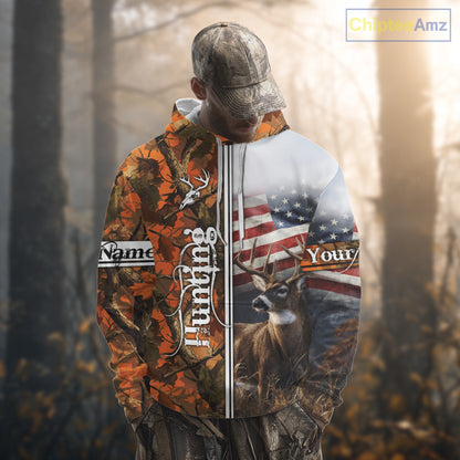 Custom Camouflage Deer Hunting With US Flag For Men, Hoodie Hunting Shirt NHT323