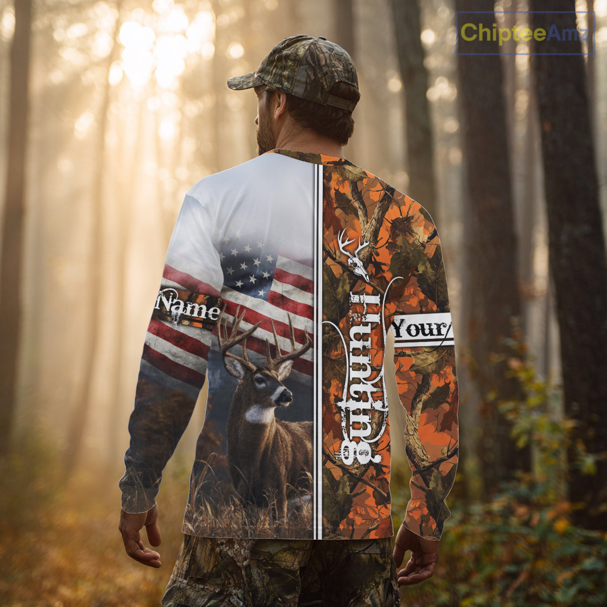 Custom Camouflage Deer Hunting With US Flag For Men, Hoodie Hunting Shirt NHT323