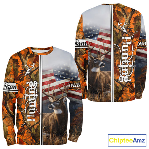 Custom Camouflage Deer Hunting With US Flag For Men, Hoodie Hunting Shirt NHT323