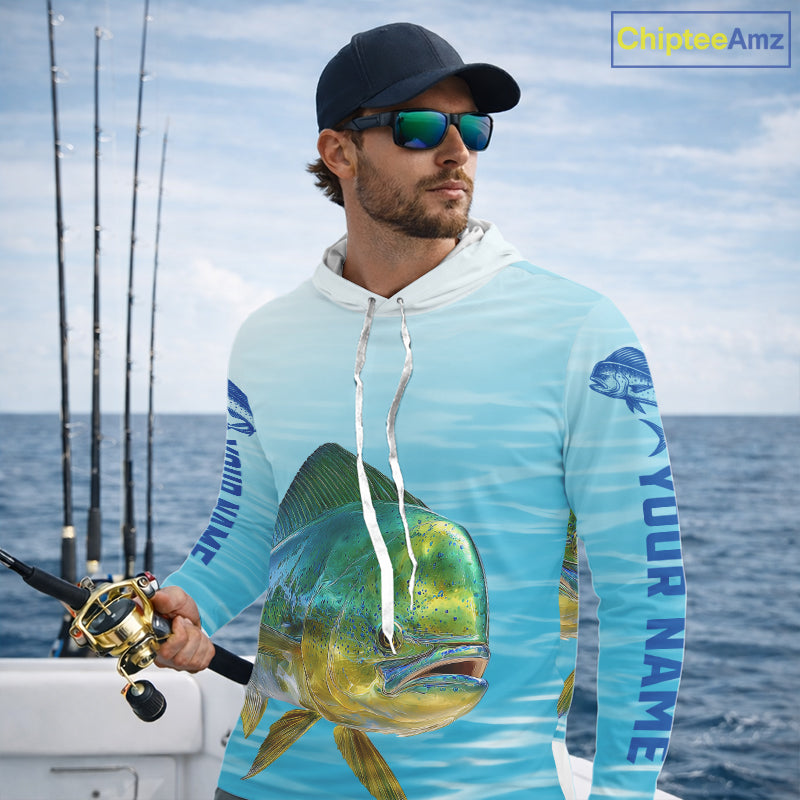 Hooded  Mahi Mahi Ocean Blue Performance Fishing Shirt, Mahi Mahi Tournament Fishing Shirts NHT615