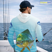 Load image into Gallery viewer, Hooded  Mahi Mahi Ocean Blue Performance Fishing Shirt, Mahi Mahi Tournament Fishing Shirts NHT615