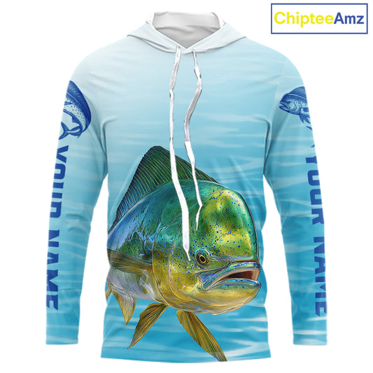 Hooded  Mahi Mahi Ocean Blue Performance Fishing Shirt, Mahi Mahi Tournament Fishing Shirts NHT615