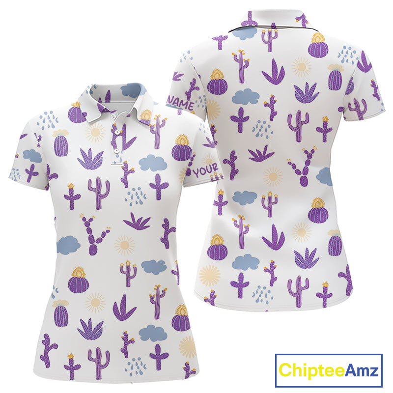 Custom Purple Cactus Women's Golf Polo Shirt - Personalized Desert Pattern Performance Golf Jersey