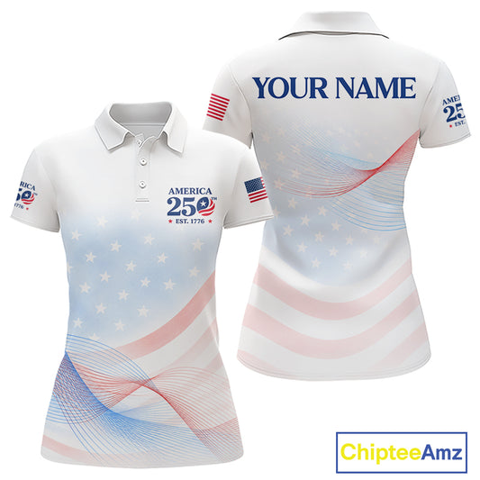 Personalized America 250 Years Shirt Custom Name Patriotic USA Stars Women's Polo Golf Shirt