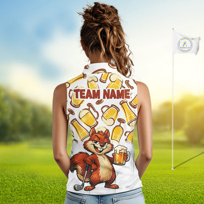 Custom Funny Squirrel Women's Sleeveless Golf Polo Shirts - Personalized Beer Lover Performance Jersey
