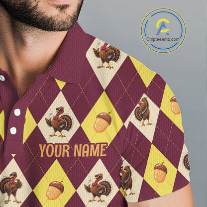 Turkey Golf Shirt, Thanksgiving Argyle Golf Top, Custom Name Golf Shirt For Men NHT1444
