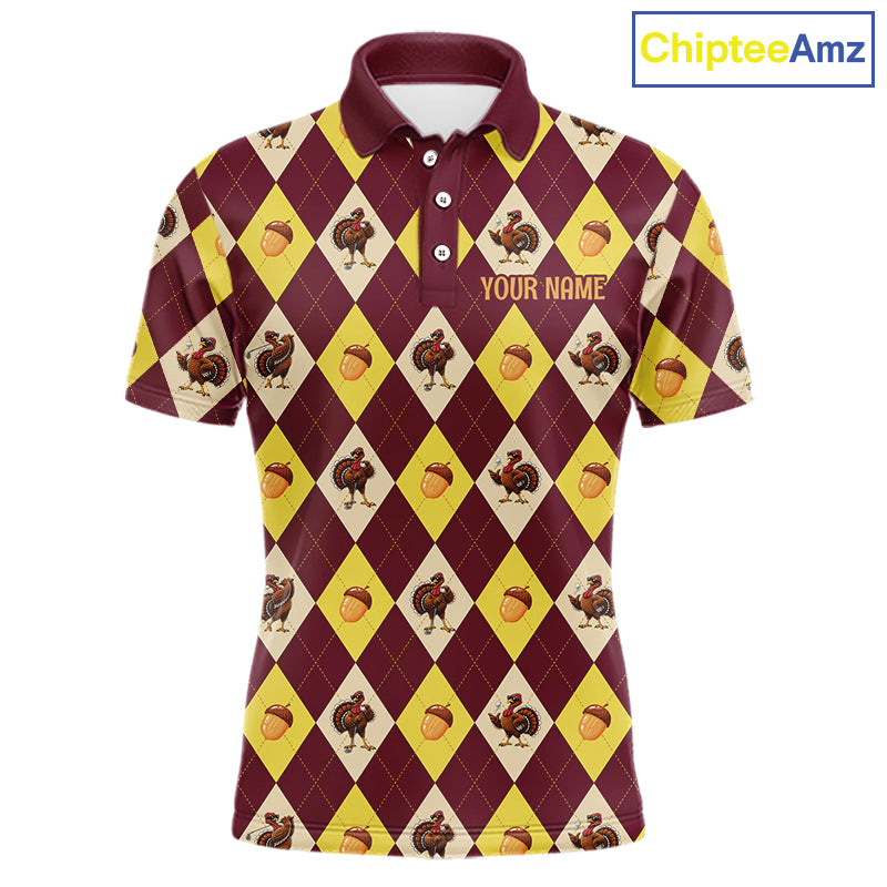 Turkey Golf Shirt, Thanksgiving Argyle Golf Top, Custom Name Golf Shirt For Men NHT1444