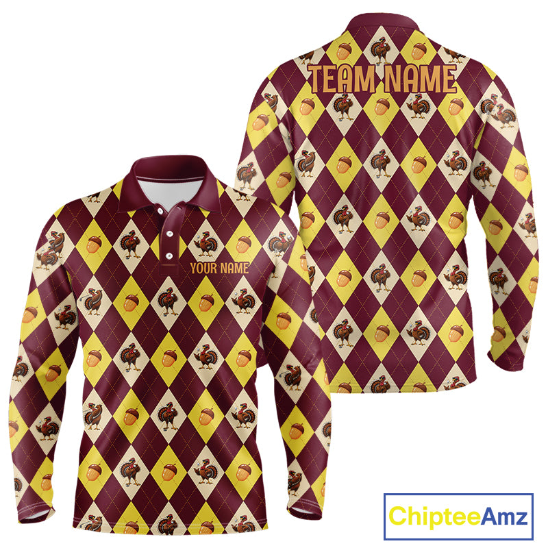 Turkey Golf Shirt, Thanksgiving Argyle Golf Top, Custom Name Golf Shirt For Men NHT1444