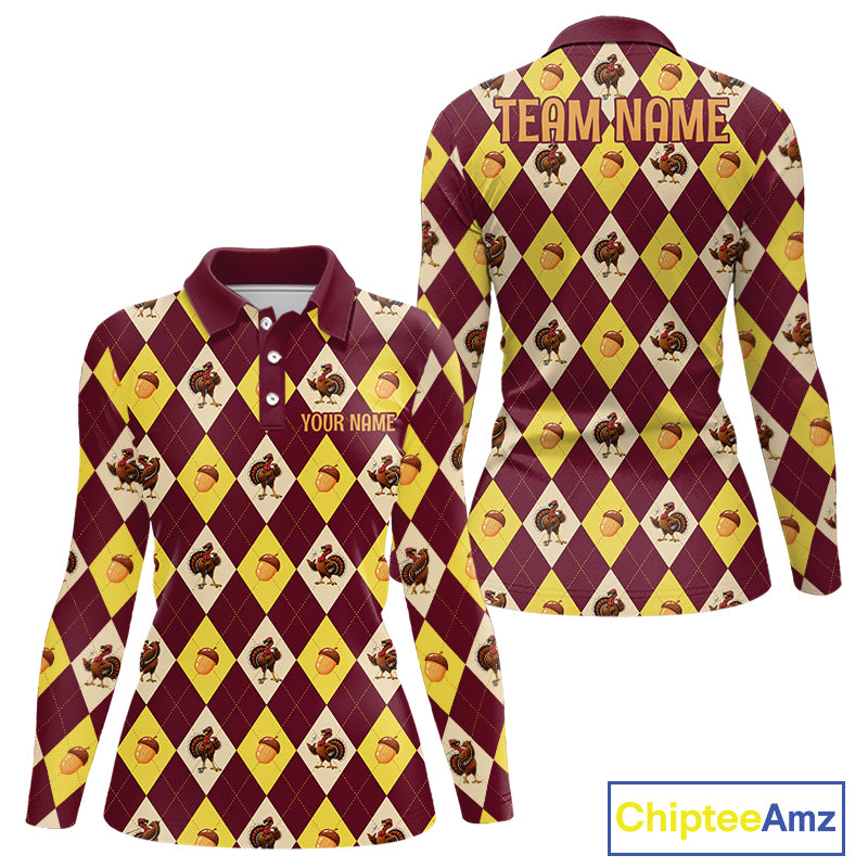 Turkey Golf Shirt, Thanksgiving Argyle Golf Top, Custom Name Golf Shirt For Women NHT1444