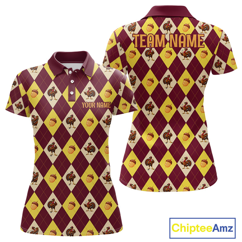 Turkey Golf Shirt, Thanksgiving Argyle Golf Top, Custom Name Golf Shirt For Women NHT1444