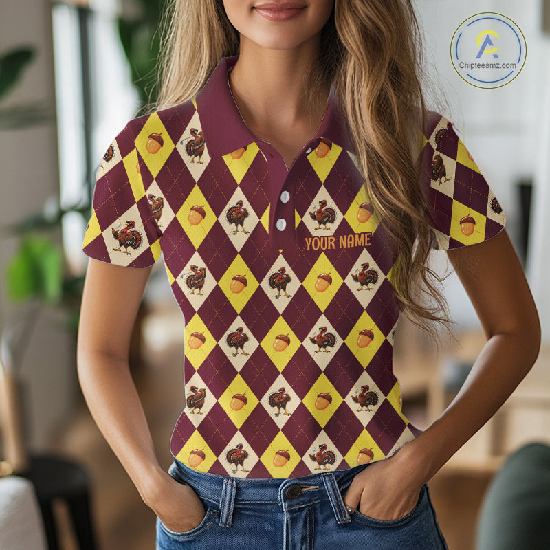 Turkey Golf Shirt, Thanksgiving Argyle Golf Top, Custom Name Golf Shirt For Women NHT1444