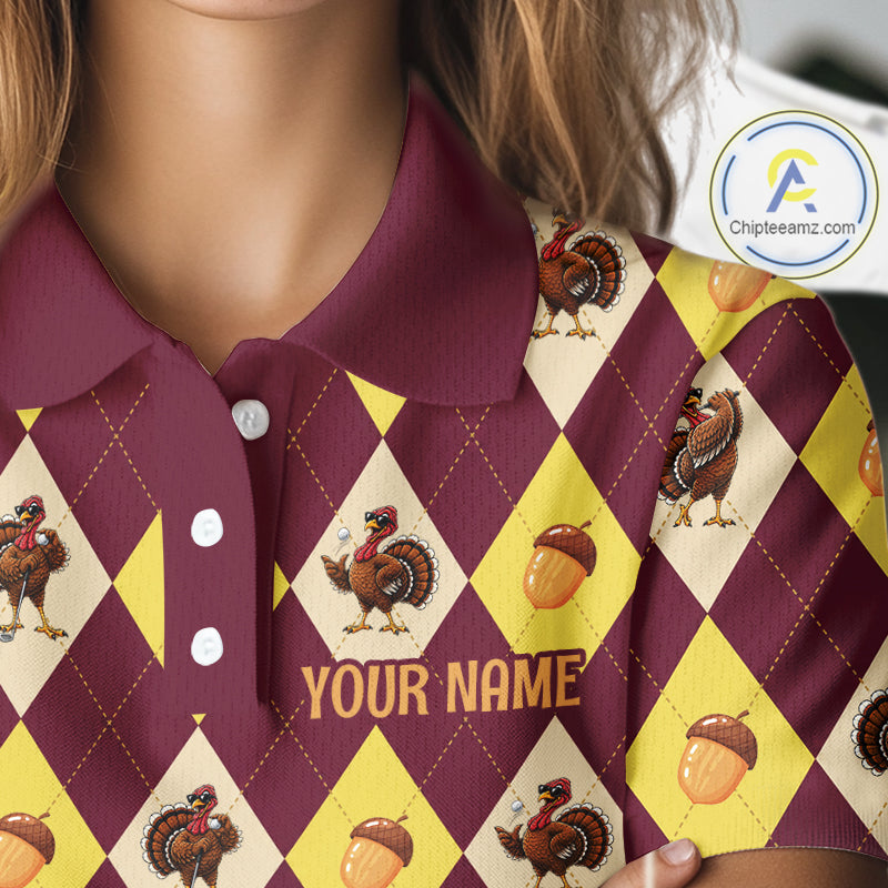 Turkey Golf Shirt, Thanksgiving Argyle Golf Top, Custom Name Golf Shirt For Women NHT1444