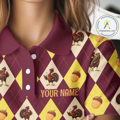 Turkey Golf Shirt, Thanksgiving Argyle Golf Top, Custom Name Golf Shirt For Women NHT1444