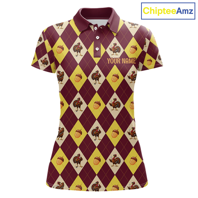 Turkey Golf Shirt, Thanksgiving Argyle Golf Top, Custom Name Golf Shirt For Women NHT1444